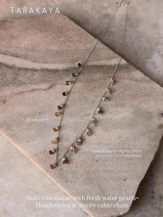 925 Sterling Silver Multi Tourmaline & Fresh Water Pearl Necklace