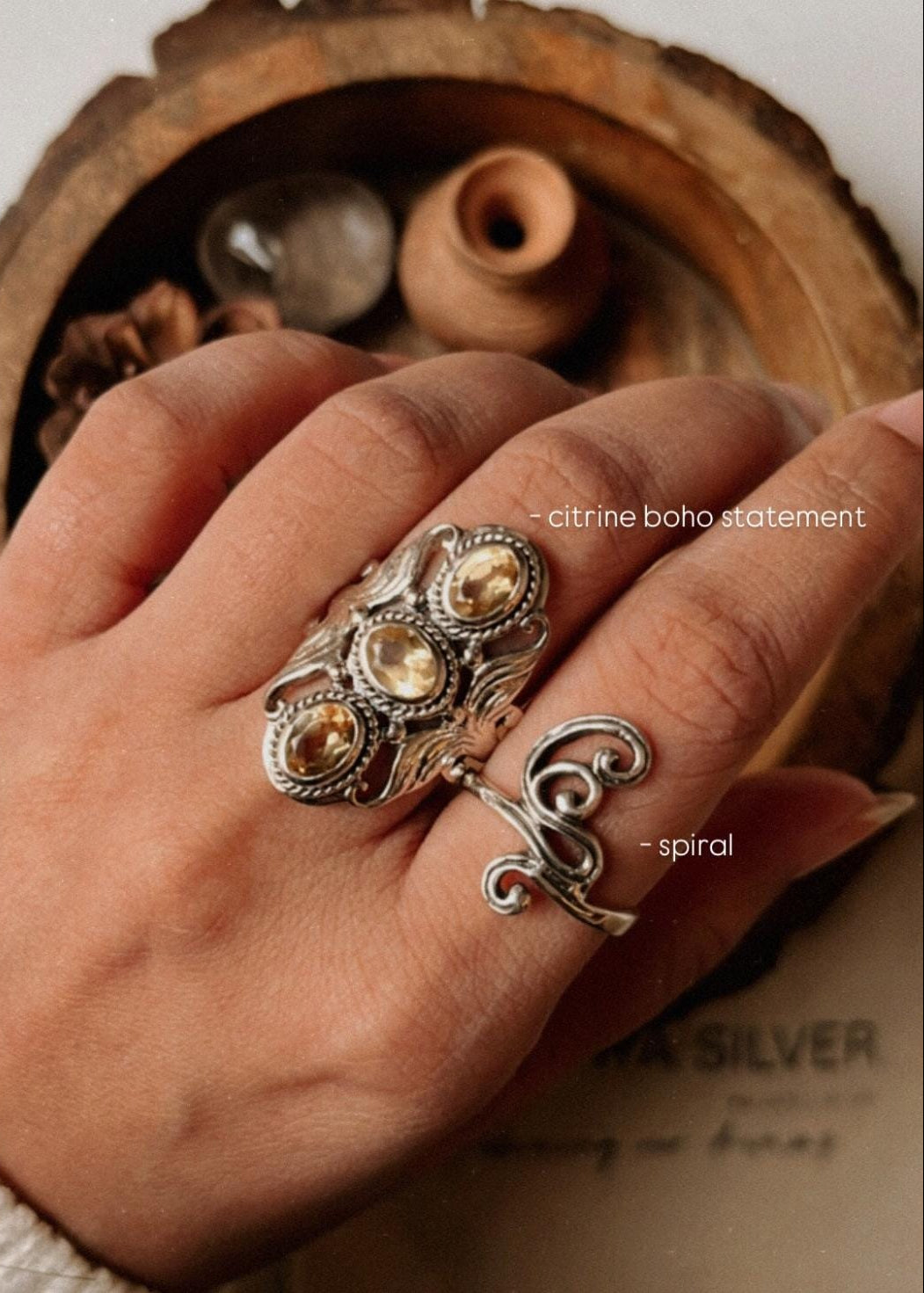 925 Sterling Silver 3 Stone Citrine Statement Ring