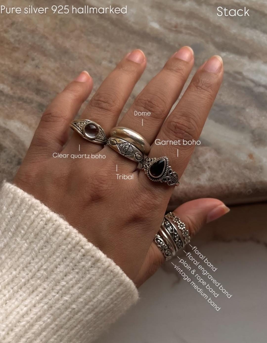 925 Sterling Silver Natural Garnet Pear Boho Ring