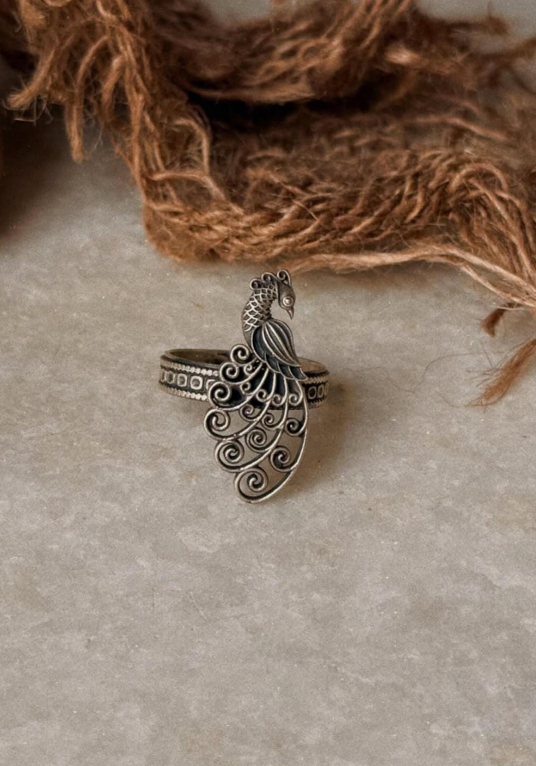 925 Sterling Silver Antique Filigree Style Mor / Peacock Statement Adjustable Ring
