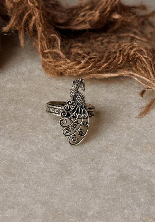 925 Sterling Silver Antique Filigree Style Mor / Peacock Statement Adjustable Ring