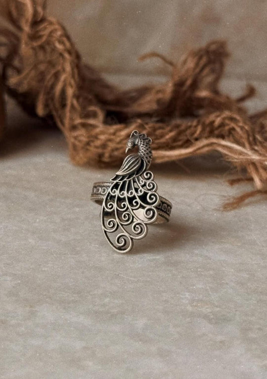 925 Sterling Silver Antique Filigree Style Mor / Peacock Statement Adjustable Ring
