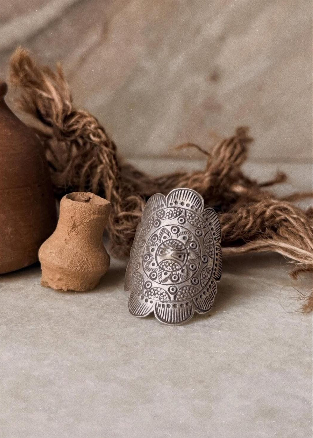 925 Sterling Silver Tribal Mandala Bohemian Hill Tribe Statement Adjustable Ring
