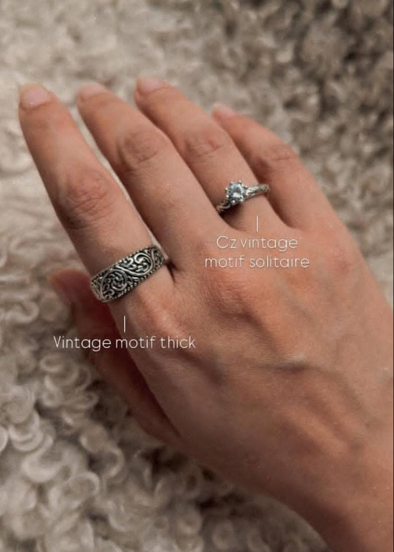925 Sterling Silver Vintage Motif Cz Solitaire Stack Band Ring
