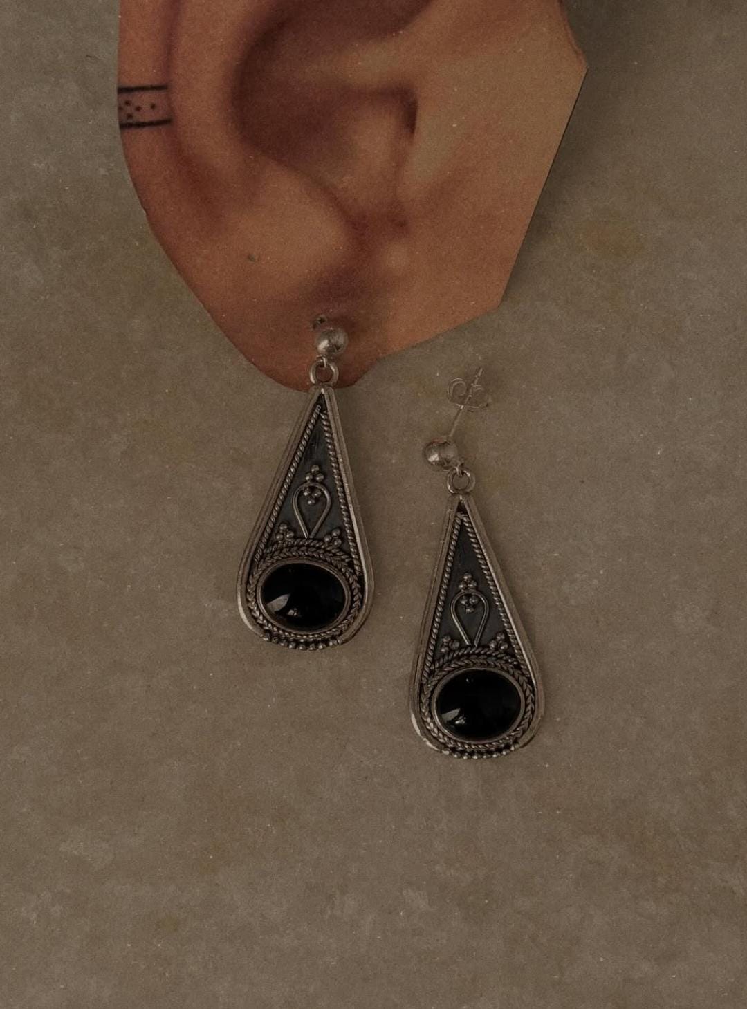 925 Sterling Silver Tribal Drop Black Onyx Statement Earrings