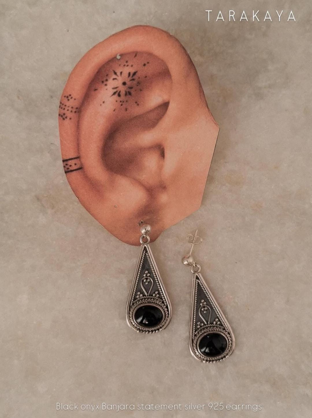 925 Sterling Silver Tribal Drop Black Onyx Statement Earrings