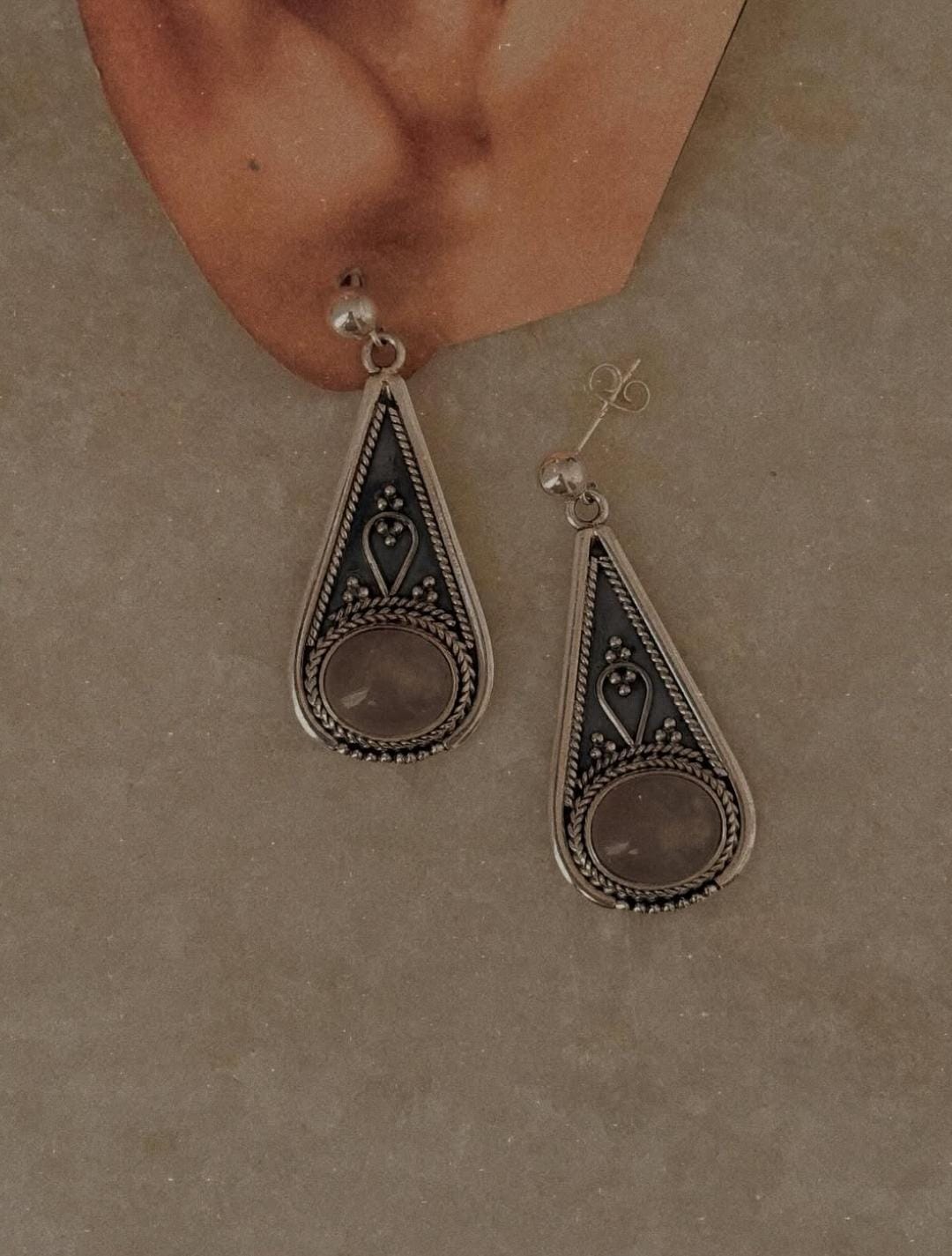925 Sterling Silver Rose Quartz Banjaran Statement Earrings