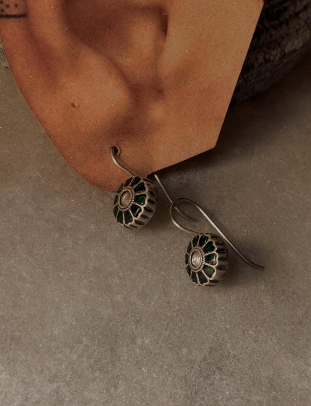 925 Sterling Silver Green Mid White Kundan Earrings
