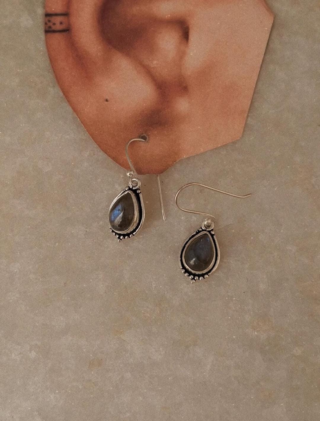 925 Sterling Silver Labradorite Pear Boho Hook Earrings