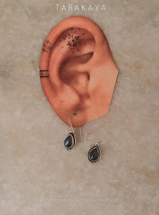 925 Sterling Silver Labradorite Pear Boho Hook Earrings