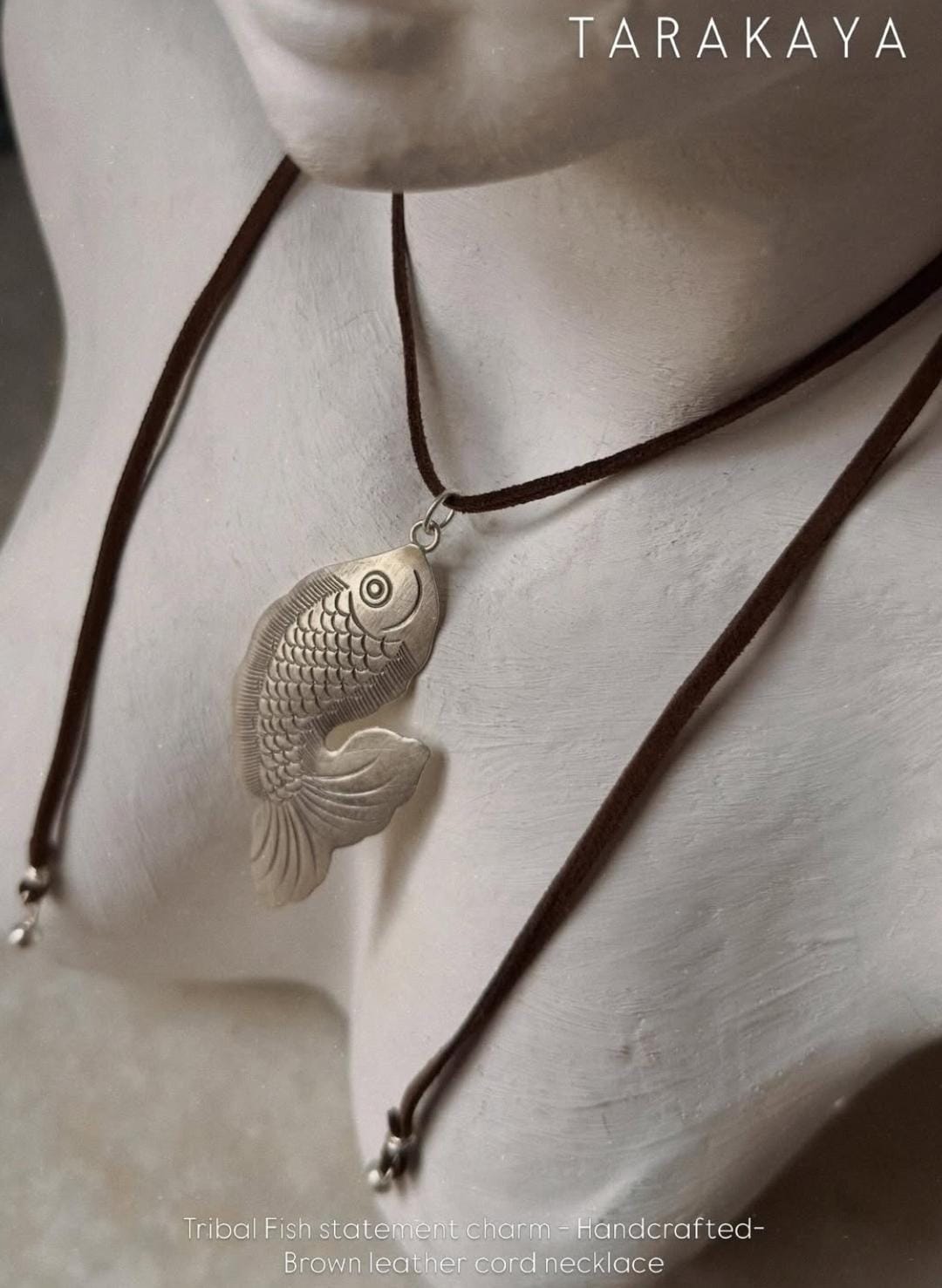 925 Sterling Silver Tribal Fish with Ghungroo Charm Brown Cord Leather Necklace