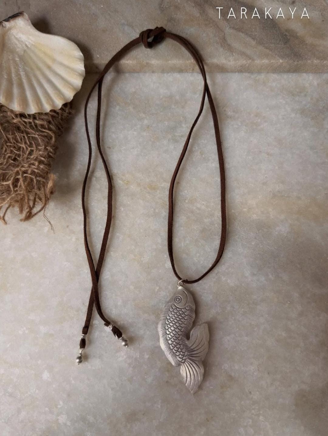 925 Sterling Silver Tribal Fish with Ghungroo Charm Brown Cord Leather Necklace