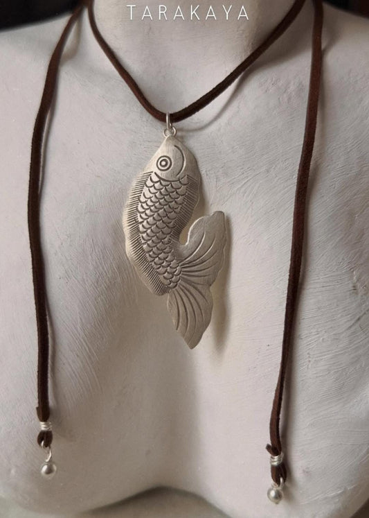 925 Sterling Silver Tribal Fish with Ghungroo Charm Brown Cord Leather Necklace