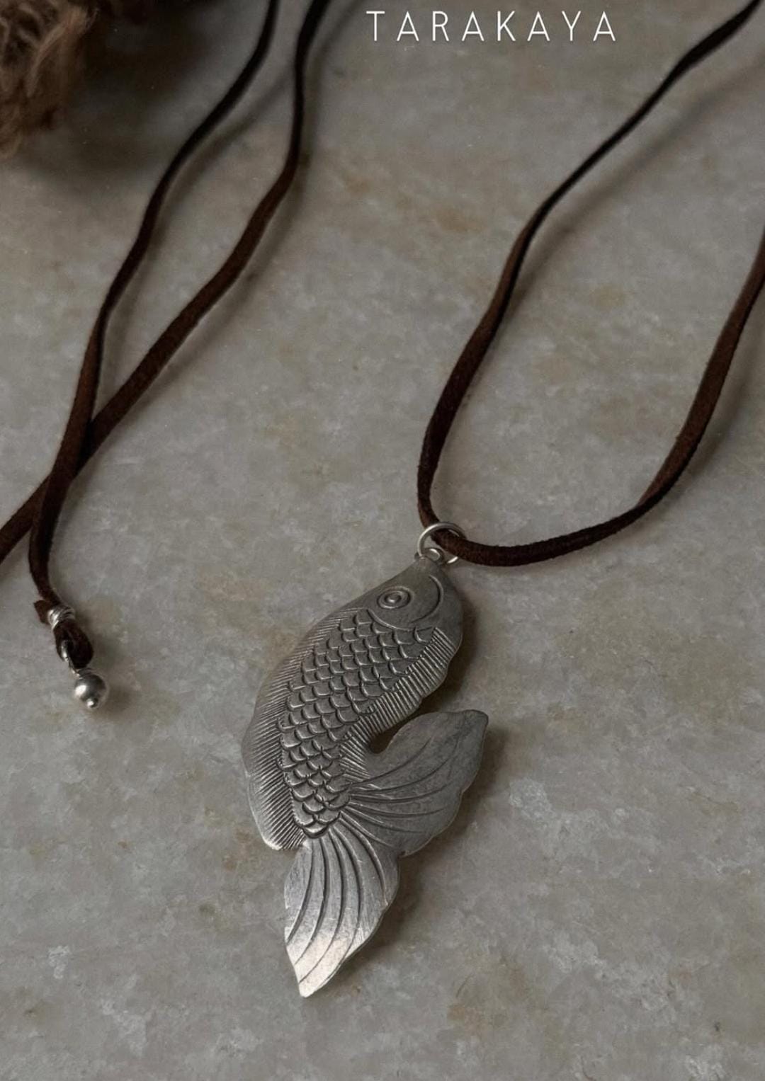 925 Sterling Silver Tribal Fish with Ghungroo Charm Brown Cord Leather Necklace