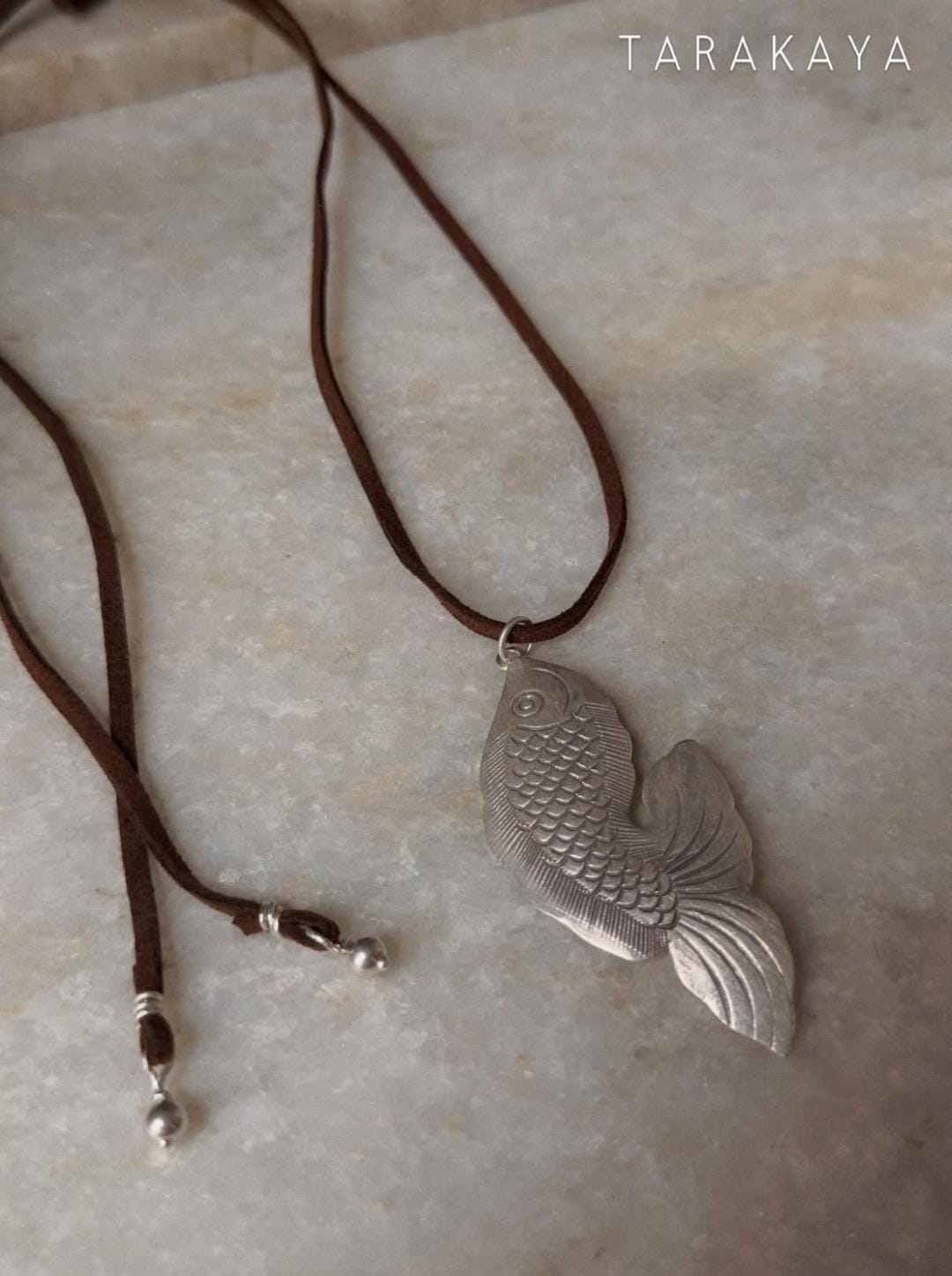 925 Sterling Silver Tribal Fish with Ghungroo Charm Brown Cord Leather Necklace