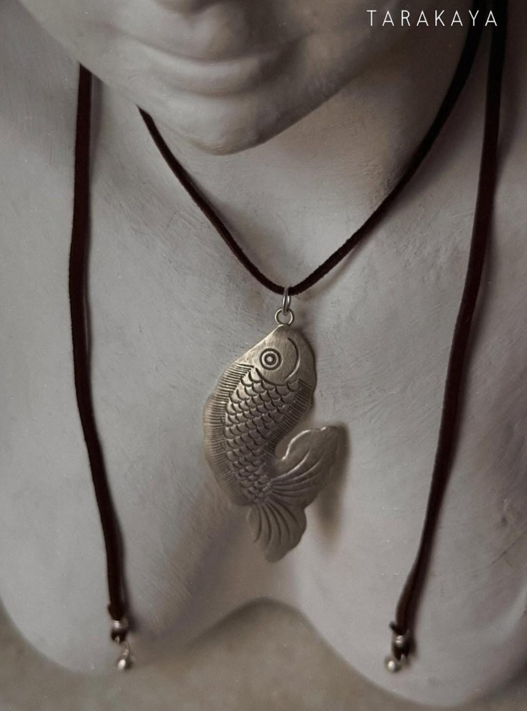 925 Sterling Silver Tribal Fish with Ghungroo Charm Brown Cord Leather Necklace