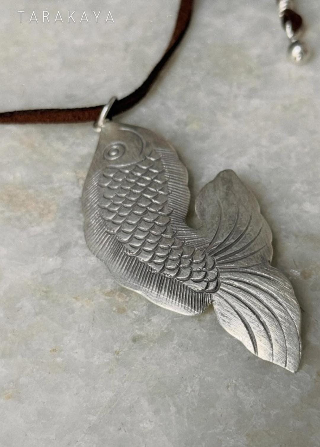 925 Sterling Silver Tribal Fish with Ghungroo Charm Brown Cord Leather Necklace