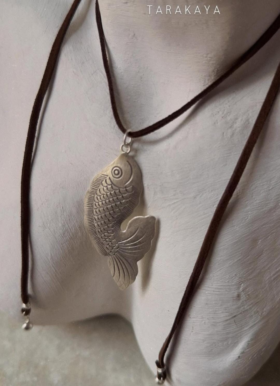 925 Sterling Silver Tribal Fish with Ghungroo Charm Brown Cord Leather Necklace