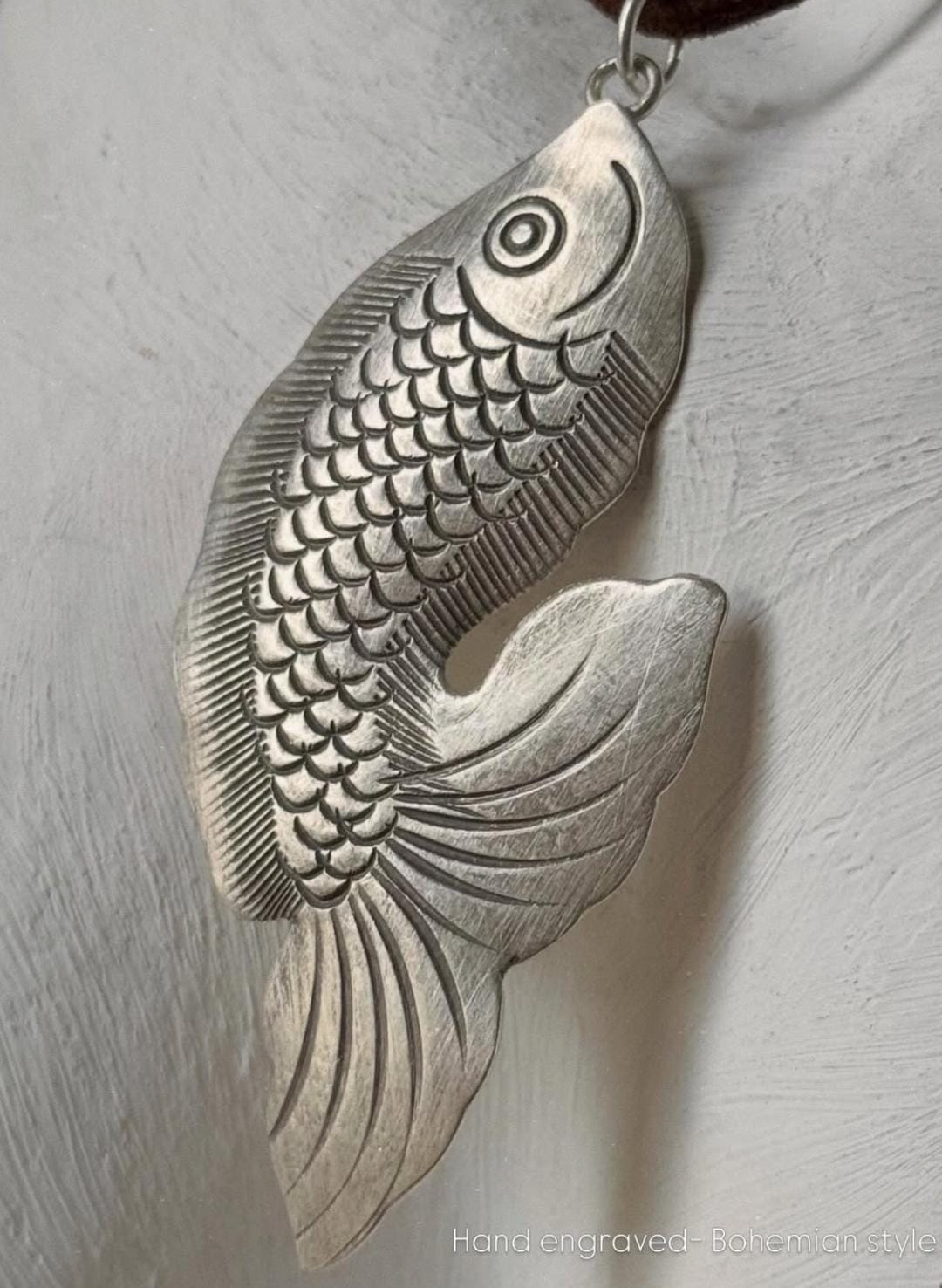 925 Sterling Silver Tribal Fish with Ghungroo Charm Brown Cord Leather Necklace