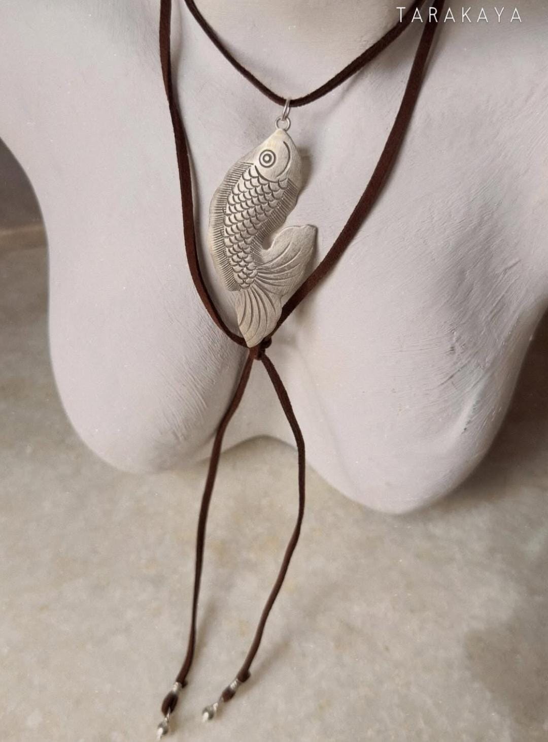 925 Sterling Silver Tribal Fish with Ghungroo Charm Brown Cord Leather Necklace