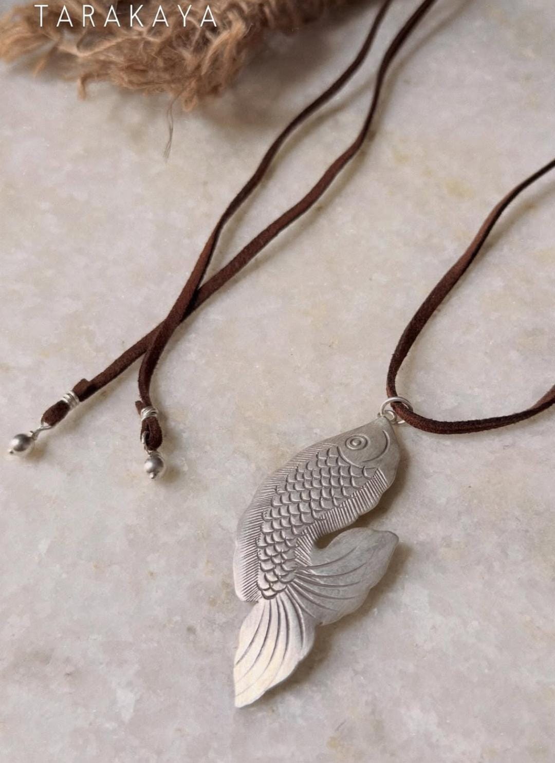 925 Sterling Silver Tribal Fish with Ghungroo Charm Brown Cord Leather Necklace
