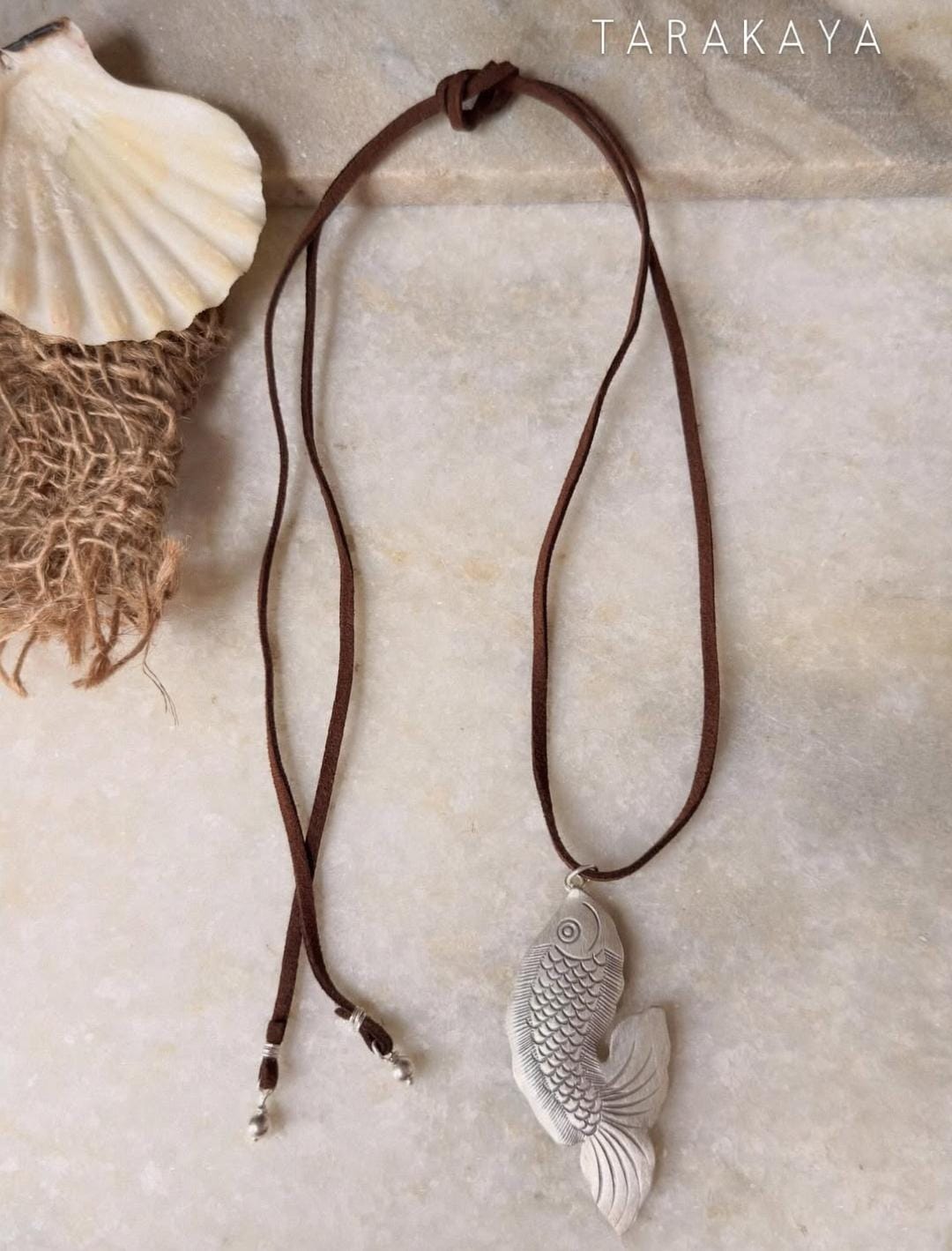 925 Sterling Silver Tribal Fish with Ghungroo Charm Brown Cord Leather Necklace