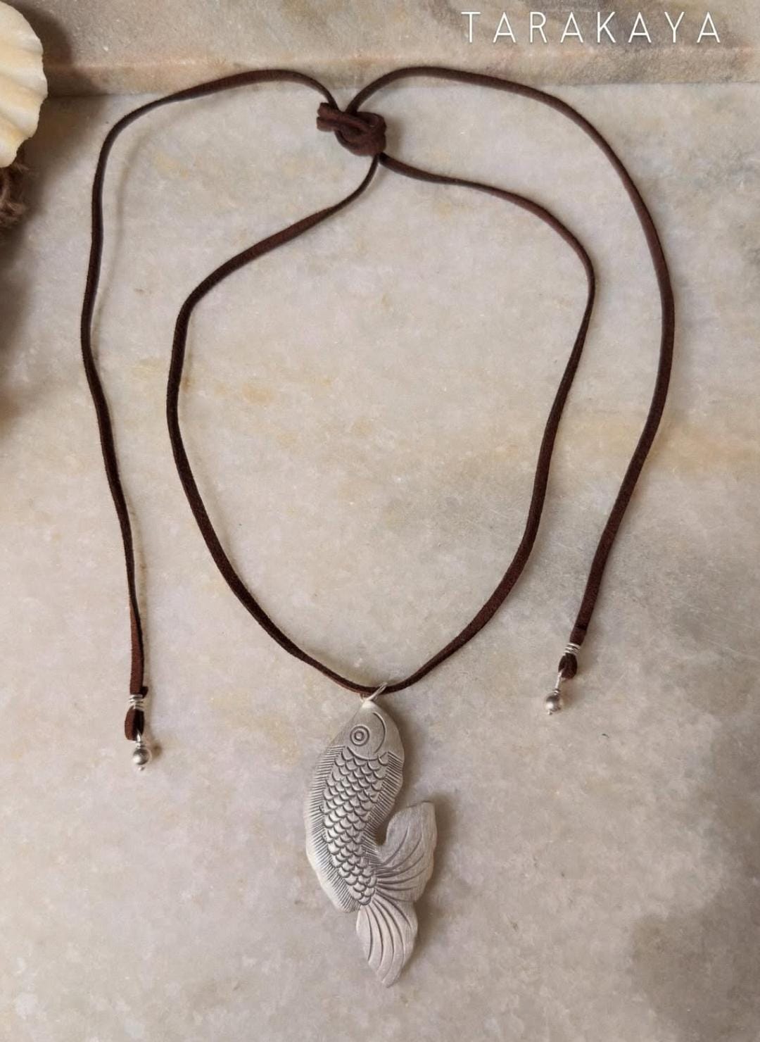 925 Sterling Silver Tribal Fish with Ghungroo Charm Brown Cord Leather Necklace