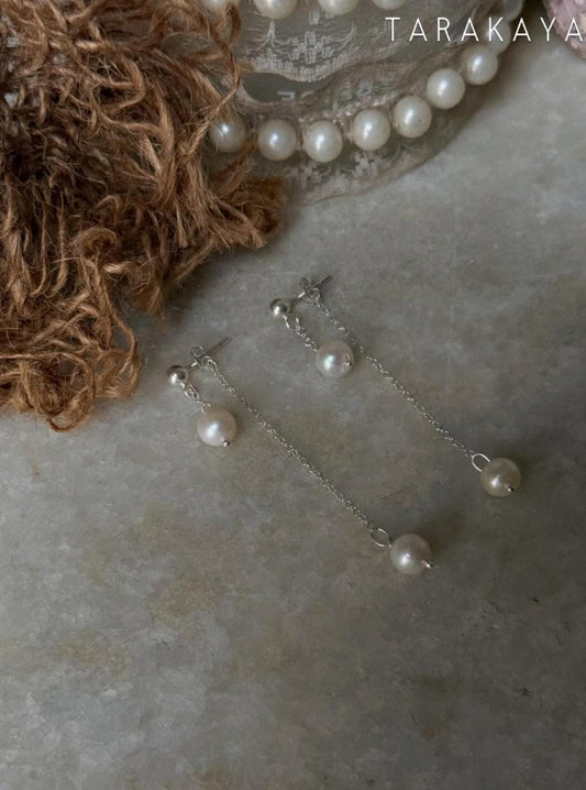 925 Sterling Silver Fresh Water Pearls Double Chain Connector Studs Earrings