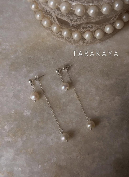 925 Sterling Silver Fresh Water Pearls Double Chain Connector Studs Earrings
