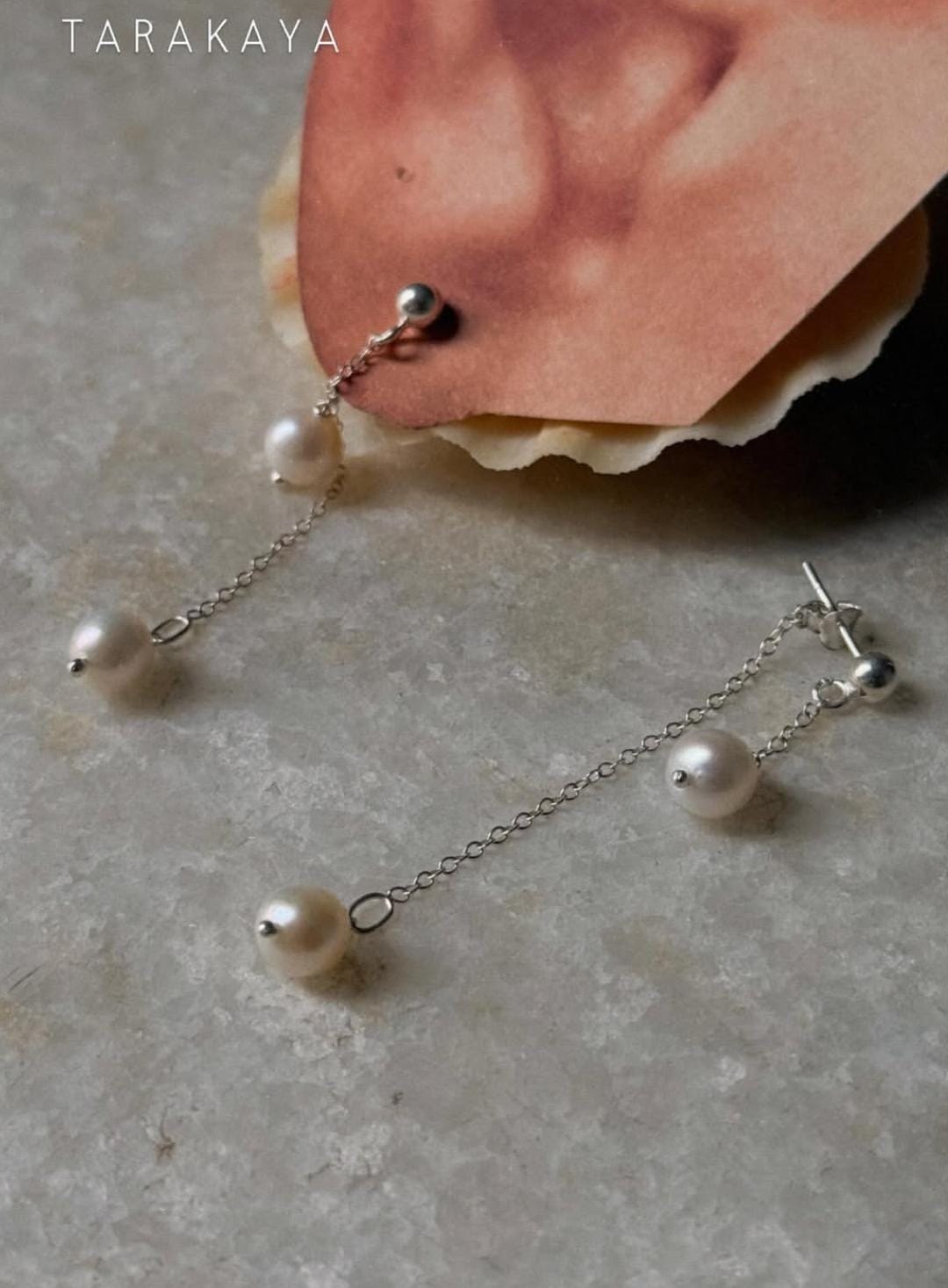 925 Sterling Silver Fresh Water Pearls Double Chain Connector Studs Earrings