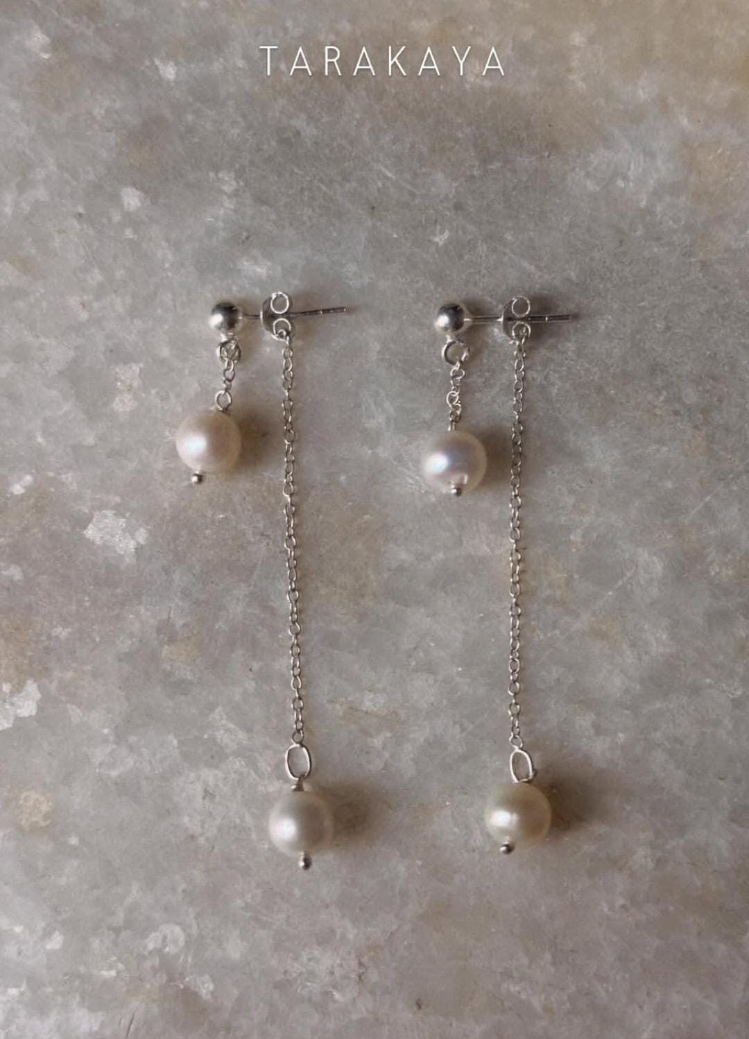 925 Sterling Silver Fresh Water Pearls Double Chain Connector Studs Earrings