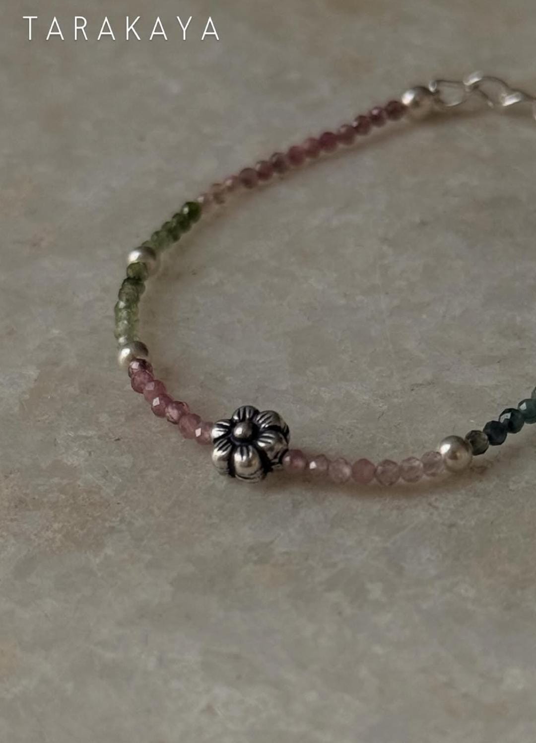 Multi Tourmaline 2mm - Silver Balls & Floral Charm Bead 925 Sterling Silver Bracelet