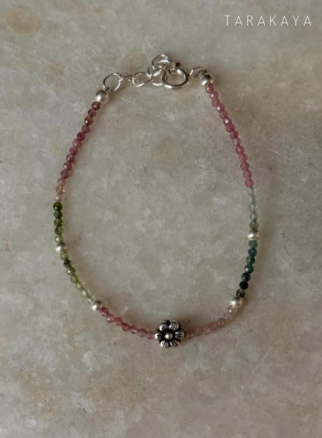 Multi Tourmaline 2mm - Silver Balls & Floral Charm Bead 925 Sterling Silver Bracelet