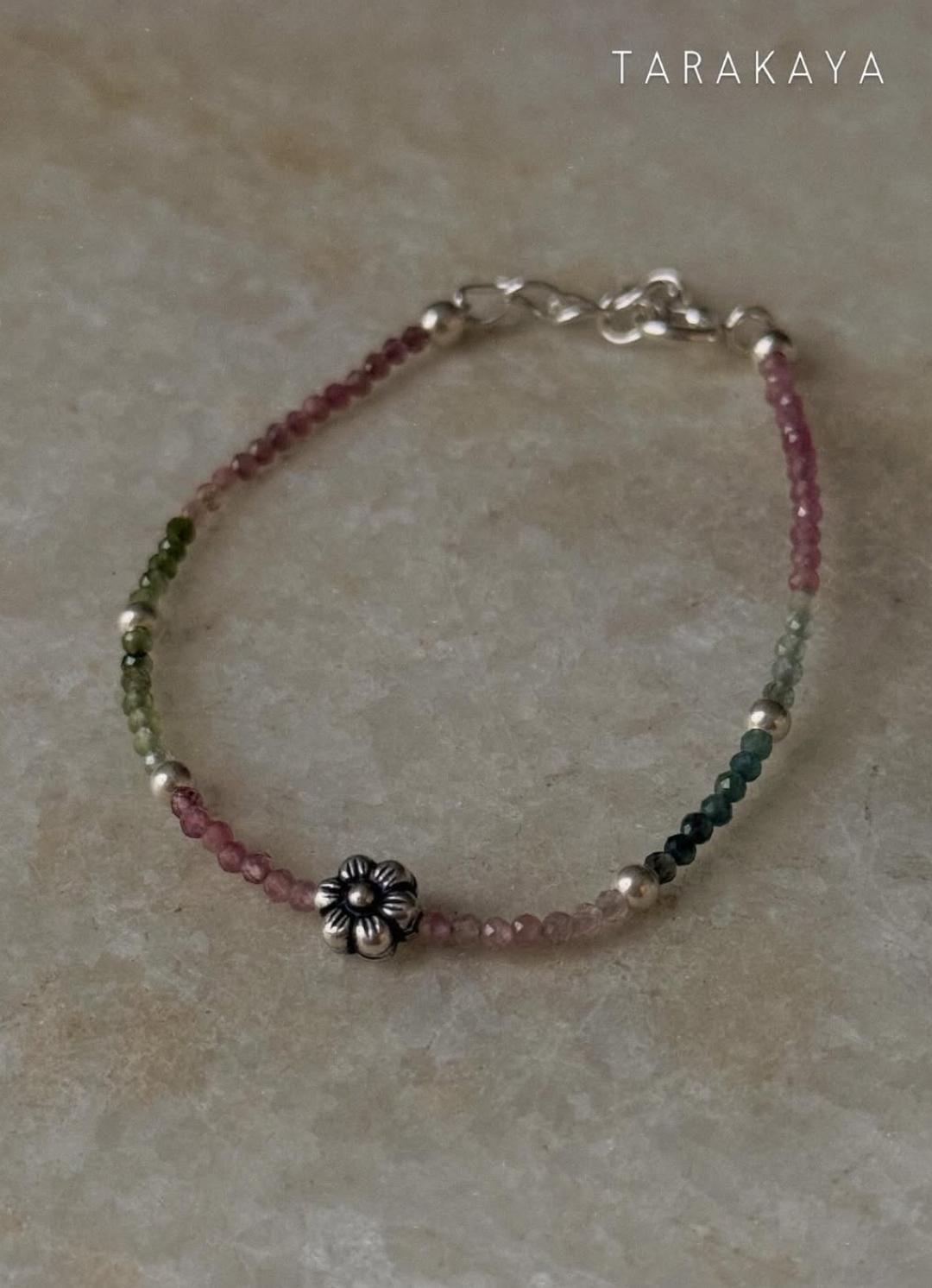 Multi Tourmaline 2mm - Silver Balls & Floral Charm Bead 925 Sterling Silver Bracelet