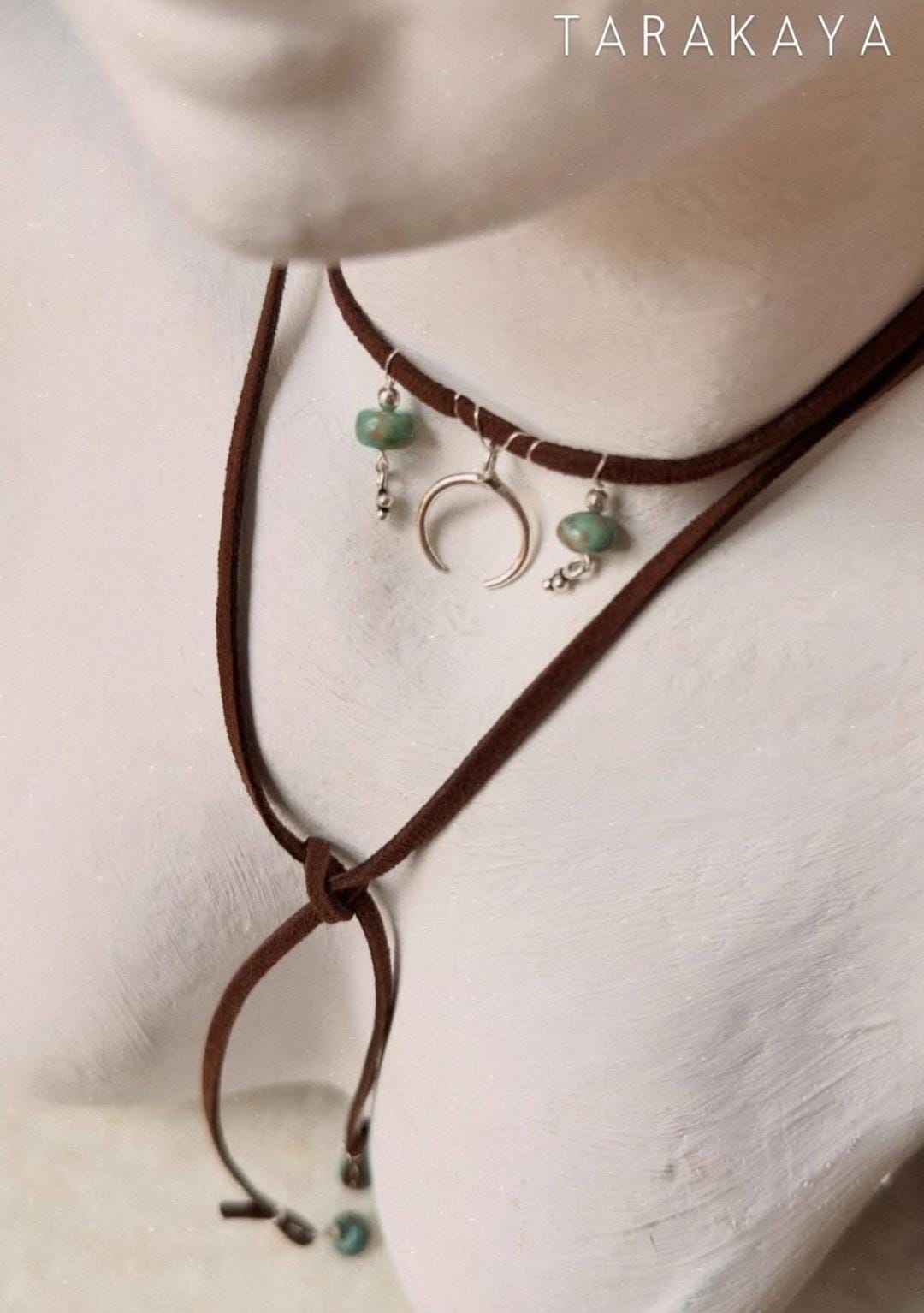 925 Sterling Silver Crescent Moon With Kingsman Turquoise & Tribal Silver Charms In Leather Brown Cord Knot Necklace