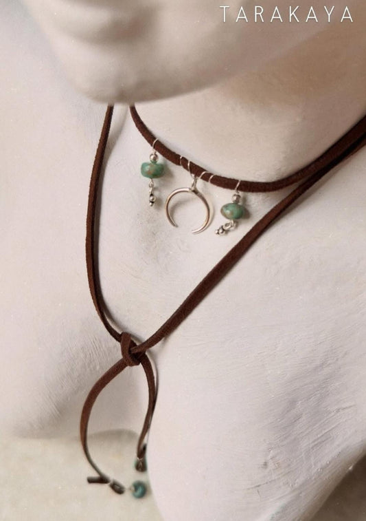 925 Sterling Silver Crescent Moon With Kingsman Turquoise & Tribal Silver Charms In Leather Brown Cord Knot Necklace