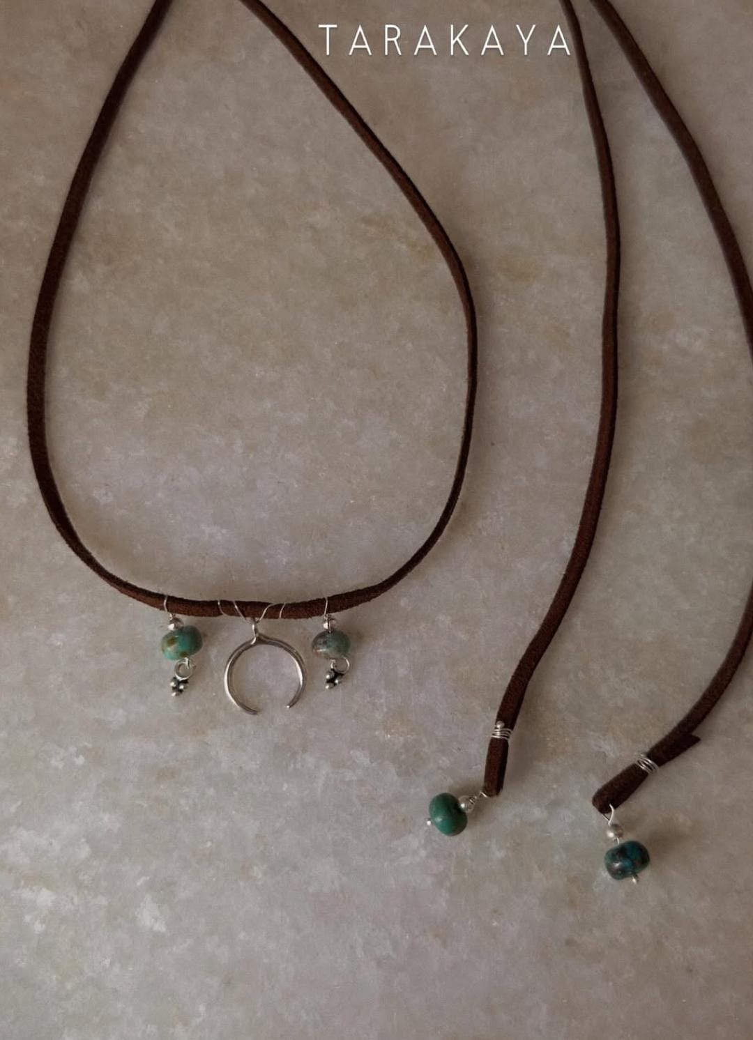 925 Sterling Silver Crescent Moon With Kingsman Turquoise & Tribal Silver Charms In Leather Brown Cord Knot Necklace