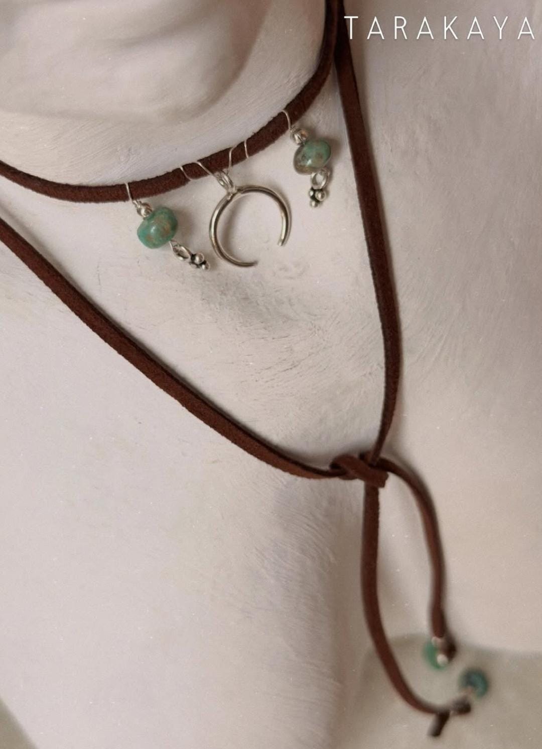925 Sterling Silver Crescent Moon With Kingsman Turquoise & Tribal Silver Charms In Leather Brown Cord Knot Necklace
