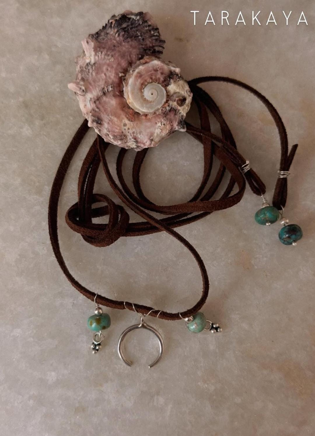 925 Sterling Silver Crescent Moon With Kingsman Turquoise & Tribal Silver Charms In Leather Brown Cord Knot Necklace