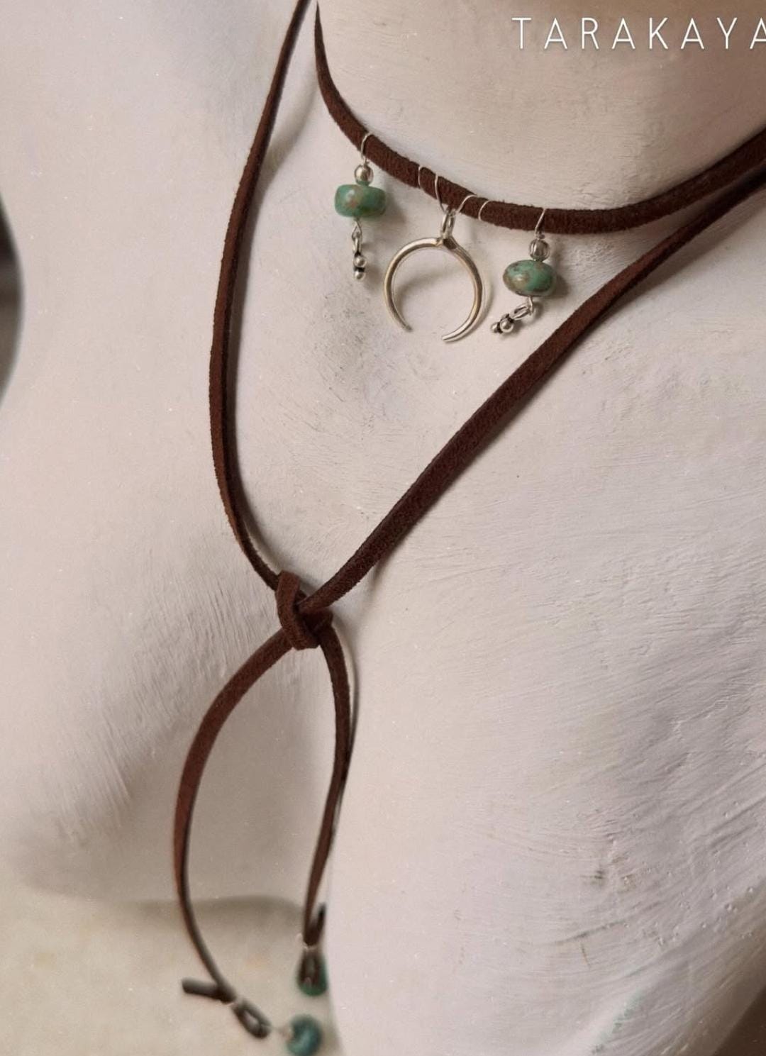 925 Sterling Silver Crescent Moon With Kingsman Turquoise & Tribal Silver Charms In Leather Brown Cord Knot Necklace
