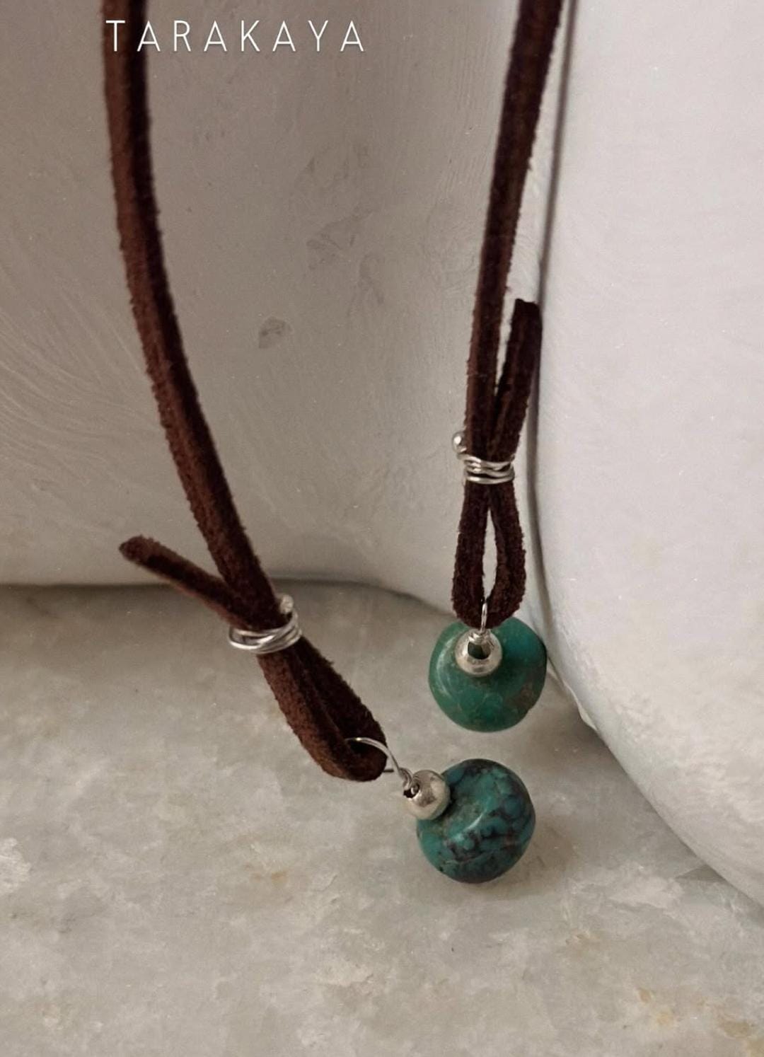 925 Sterling Silver Crescent Moon With Kingsman Turquoise & Tribal Silver Charms In Leather Brown Cord Knot Necklace