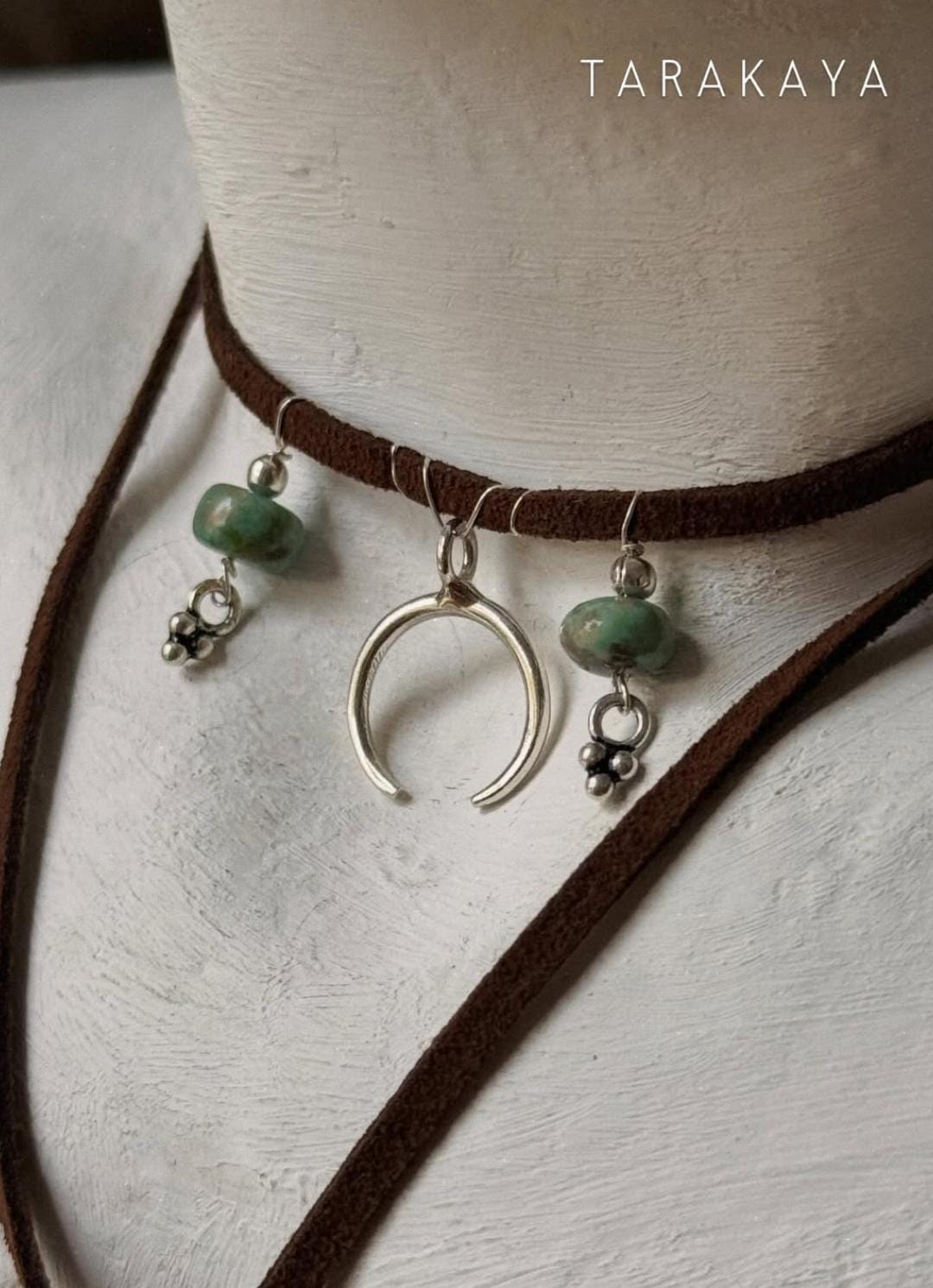 925 Sterling Silver Crescent Moon With Kingsman Turquoise & Tribal Silver Charms In Leather Brown Cord Knot Necklace