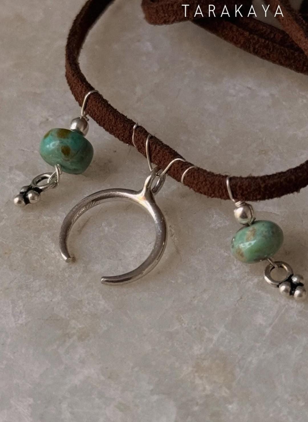 925 Sterling Silver Crescent Moon With Kingsman Turquoise & Tribal Silver Charms In Leather Brown Cord Knot Necklace