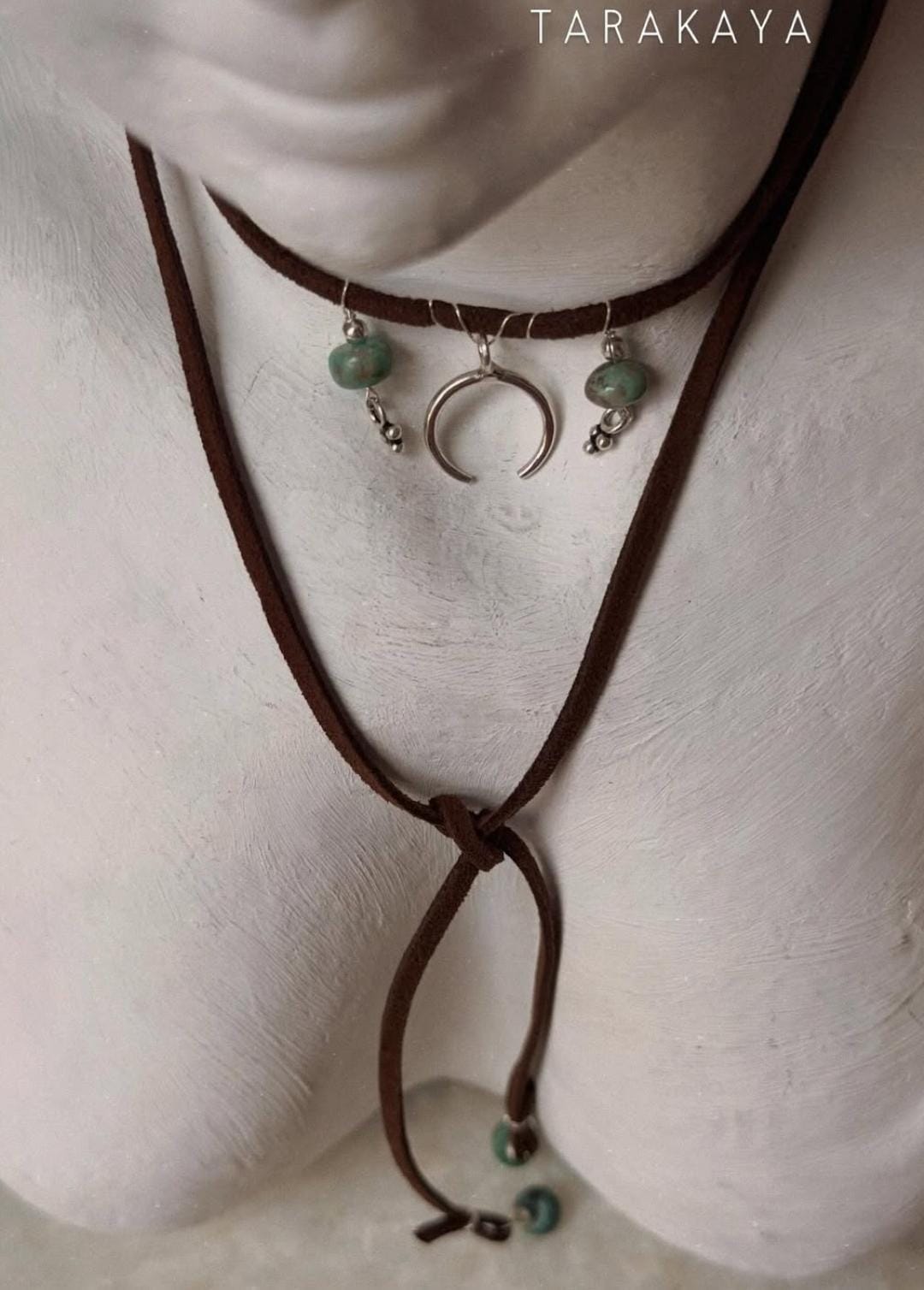 925 Sterling Silver Crescent Moon With Kingsman Turquoise & Tribal Silver Charms In Leather Brown Cord Knot Necklace