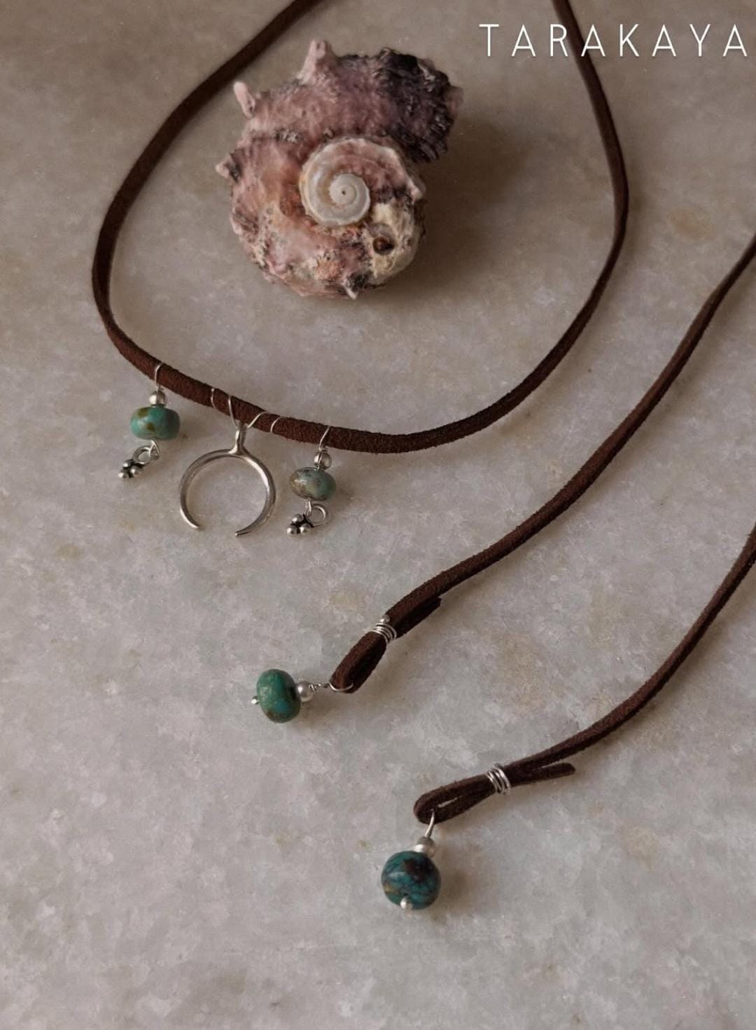925 Sterling Silver Crescent Moon With Kingsman Turquoise & Tribal Silver Charms In Leather Brown Cord Knot Necklace
