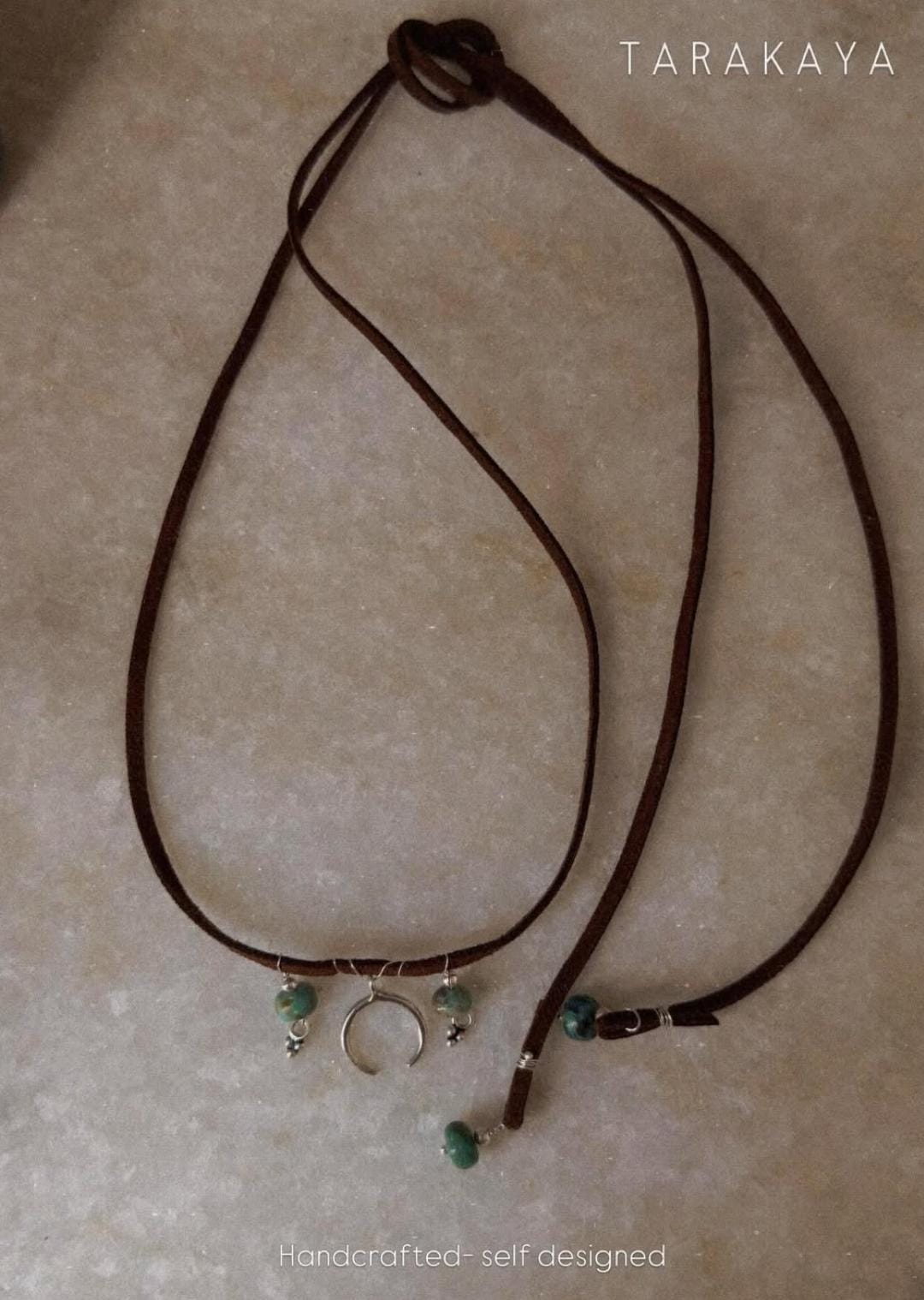 925 Sterling Silver Crescent Moon With Kingsman Turquoise & Tribal Silver Charms In Leather Brown Cord Knot Necklace