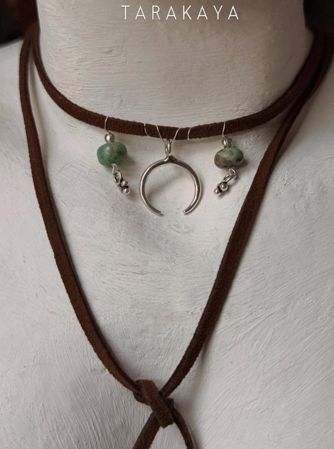 925 Sterling Silver Crescent Moon With Kingsman Turquoise & Tribal Silver Charms In Leather Brown Cord Knot Necklace