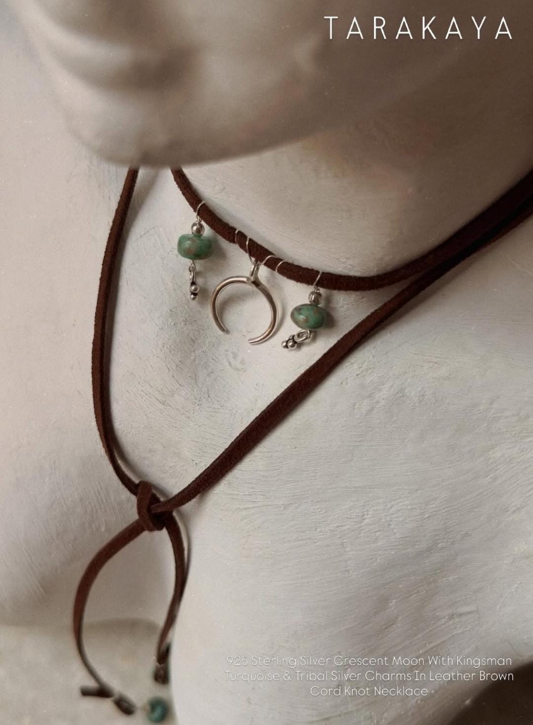 925 Sterling Silver Crescent Moon With Kingsman Turquoise & Tribal Silver Charms In Leather Brown Cord Knot Necklace