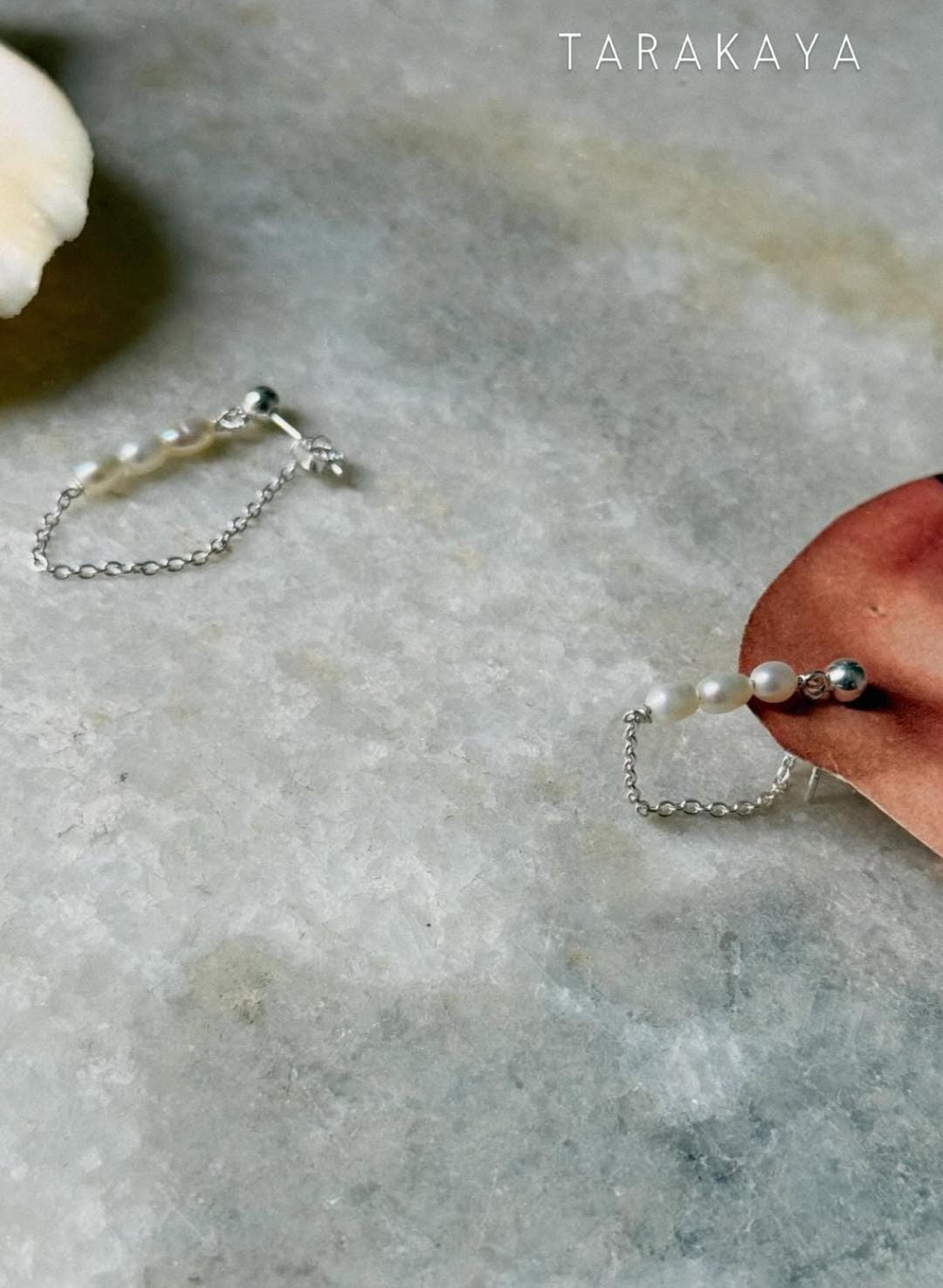 Fresh Water Pearls Connector Chain Studs 925 Sterling Silver Earrings