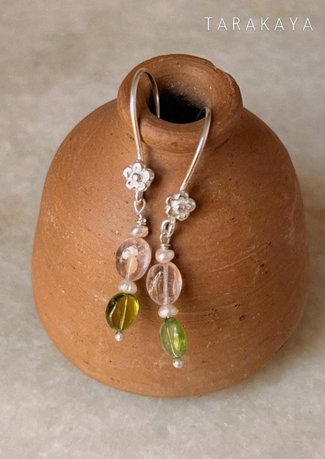 925 Sterling Silver Pink Tourmaline , Green Tourmaline & Fresh Water Pearls Handcrafted Pretty Floral Hook Earrings